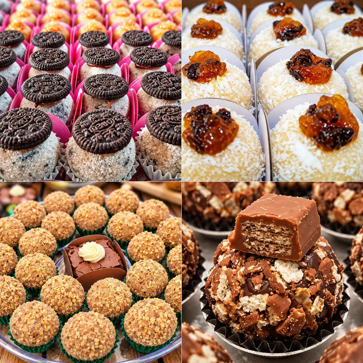 Quatro fotos de docinhos especiais: com biscoito Oreo, de coco com geleia de maracujá, com crocante de avelã e com wafer de chocolate