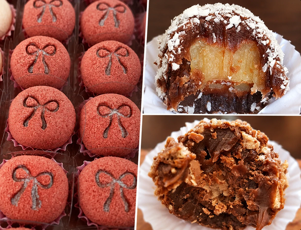 Três fotos de docinhos recheados: bandeja de docinhos vermelhos decorados com laços, um aberto com recheio cremoso coberto de coco e outro aberto com recheio de chocolate crocante