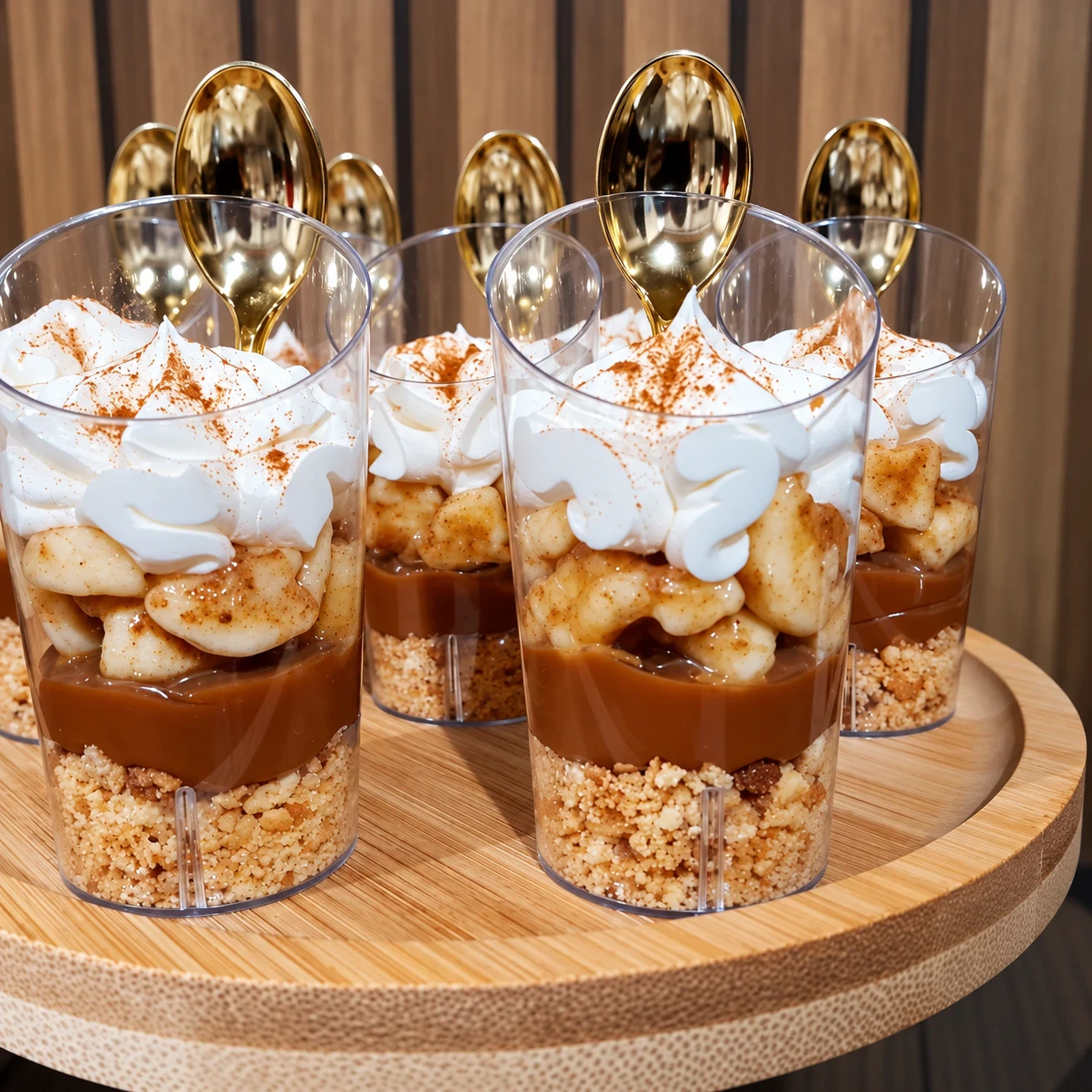 Copos da felicidade banoffe em camadas: farofa de biscoito, doce de leite, banana com canela e chantilly, com colherinhas douradas