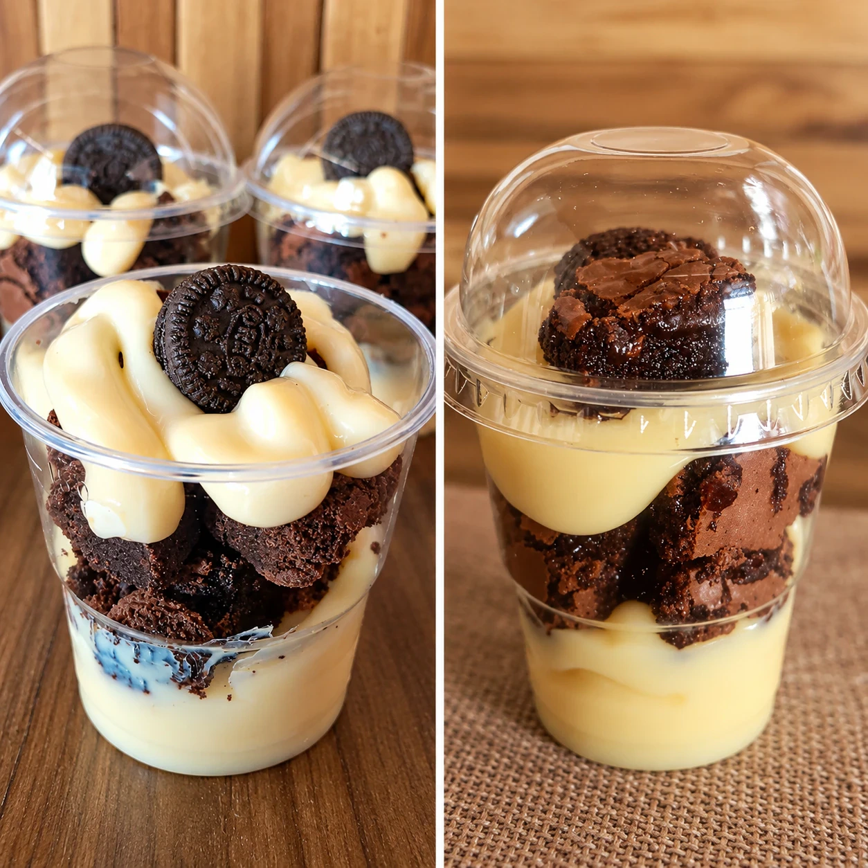 Duas fotos de copos da felicidade com camadas de brownie e creme claro, em copos transparentes com tampa