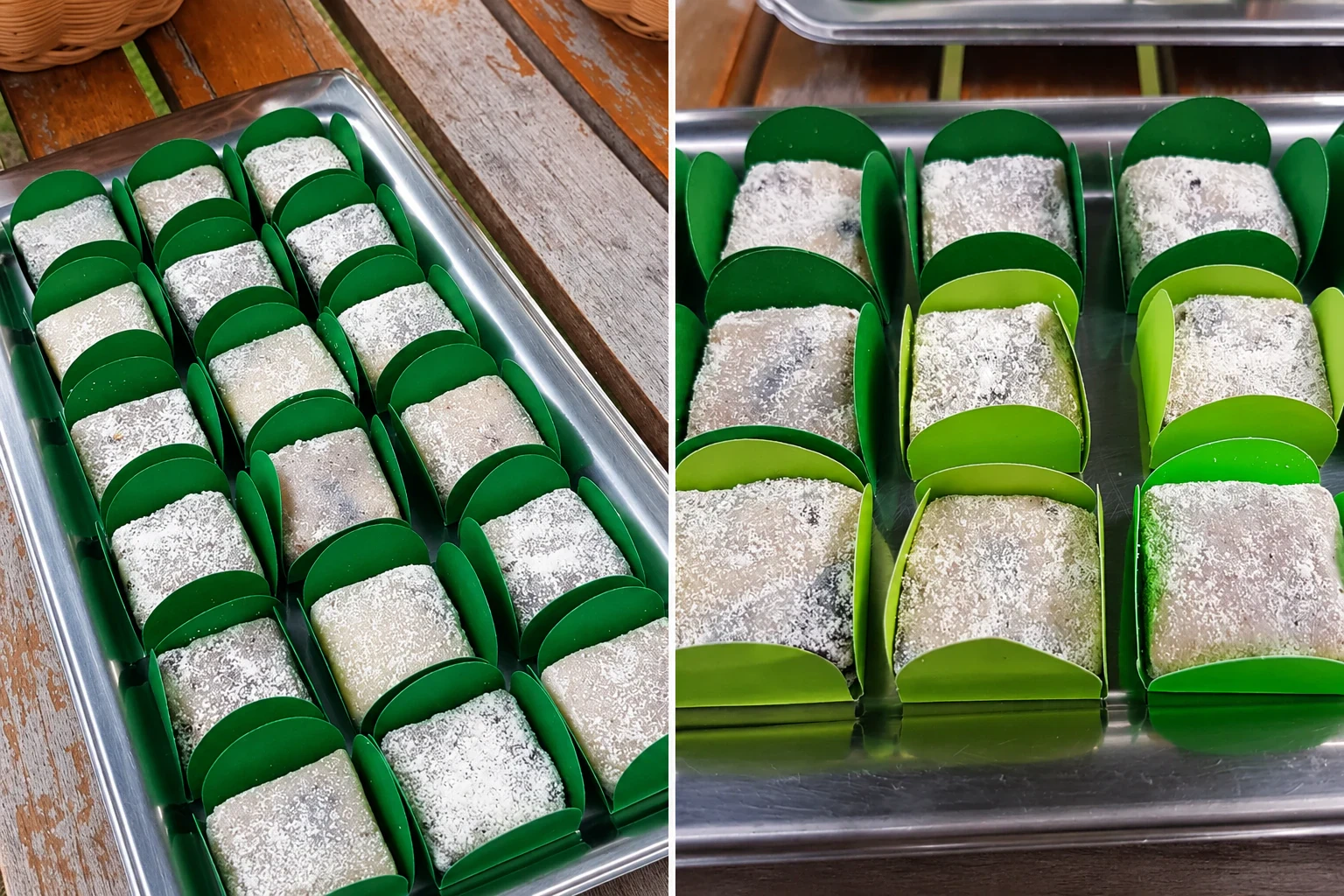Duas fotos de mini palhas italianas em forminhas verdes, enfileiradas numa bandeja de inox