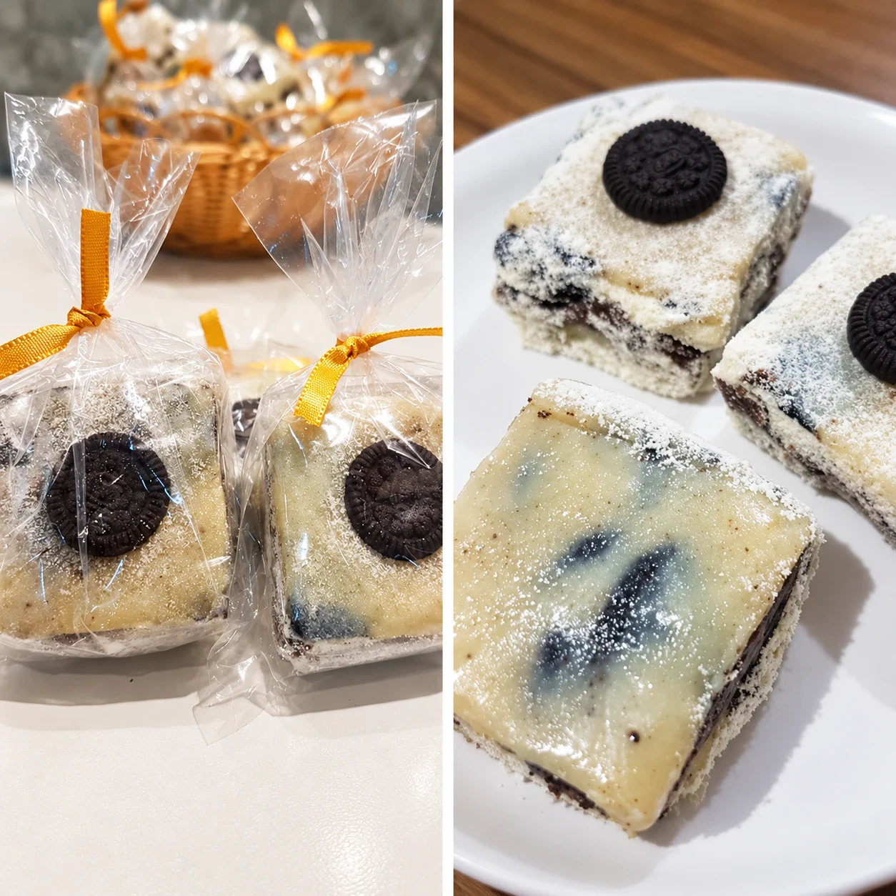 Duas fotos de palha italiana de Oreo com um biscoito por cima: embaladas com fita laranja e servidas num prato