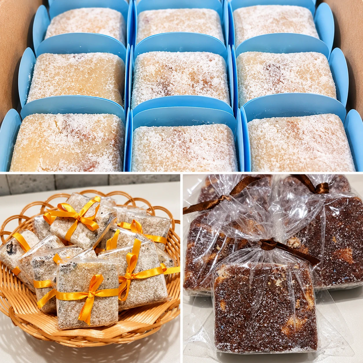 Três fotos de palha italiana: quadrados cobertos de leite em pó em forminhas azuis, embalados com fita laranja numa cesta e embalados com fita marrom